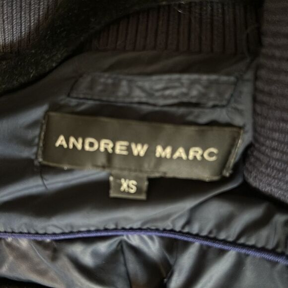 Andrew Marc Women’s Navy Blue Long Puffer Coat Hood Raccoon Fur Belted Waist XS - Picture 7 of 8